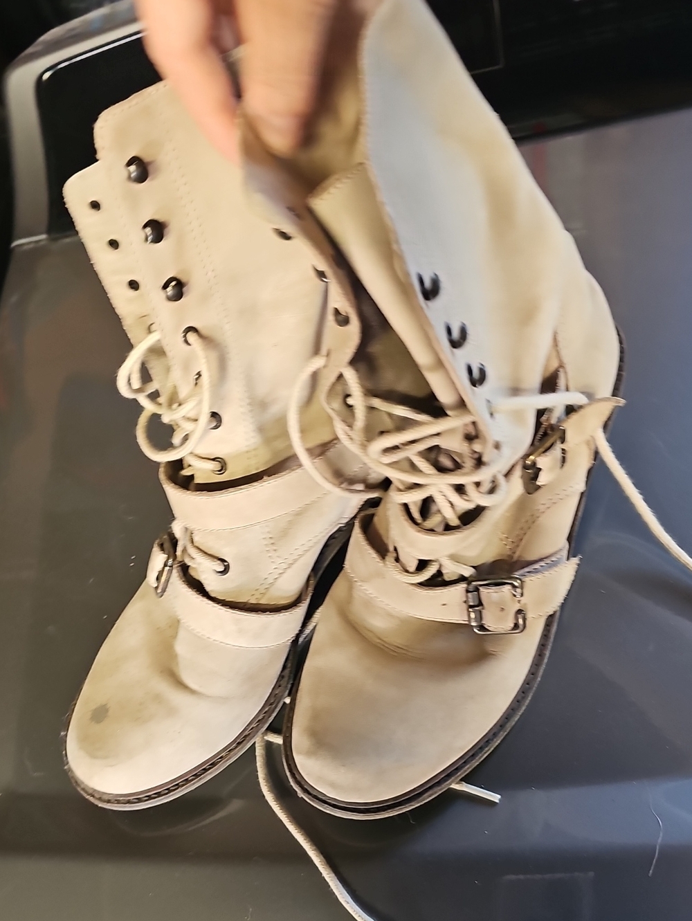 Trouve Beige Lace-Up Buckle Combat Boots